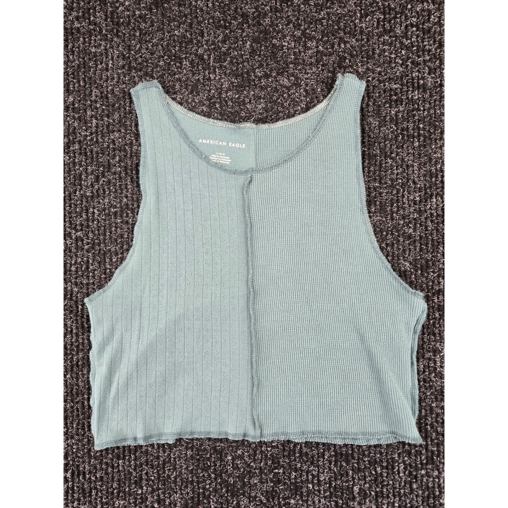 American Eagle Womens Teal/Green Mixed Ribbed Waffle Knit Exposed Seam Crop Top